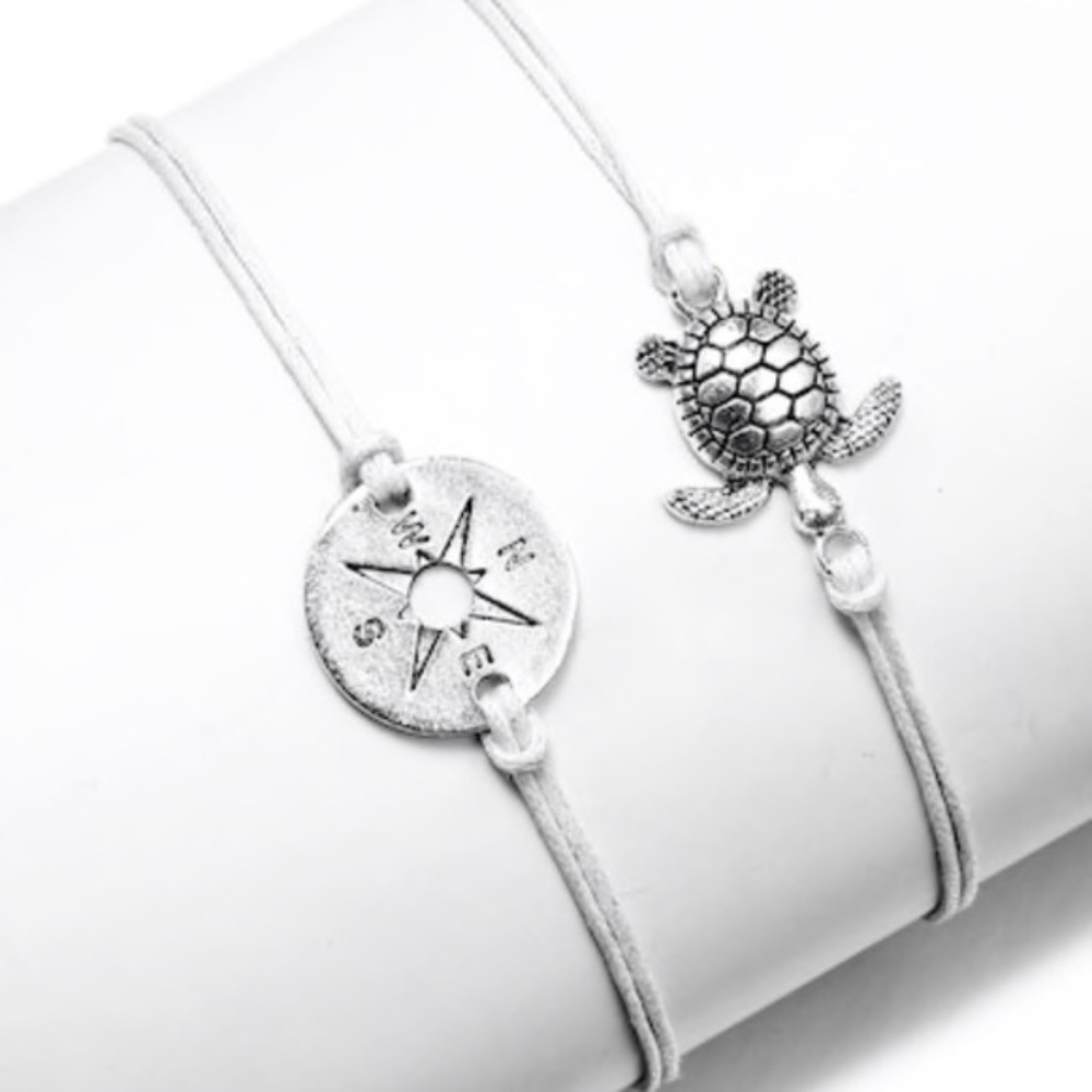 OCEAN DREAMS Silver Turtle and Compass Anklet/Bracelet Set